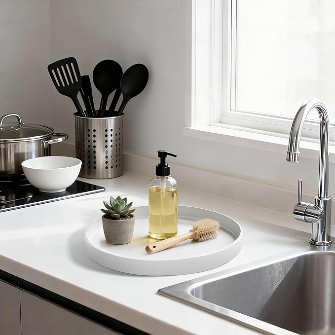 1 Pack 9" Bathroom and Vanity Tray, ABS Bathroom Counter Organizer， Coffee Table Decor for Perfume, Candles, Keys &More. Kitchen Countertop Organizer, Decorative Tray Soap Holder, White