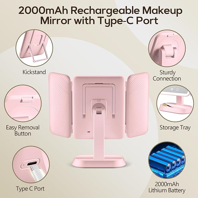 Vanity Mirror with Lights, Lighted Makeup Mirror with 30X/10X/5X Magnification, Rechargeable Trifold Mirror with 3 Color & Adjustable Brightness, Travel Makeup Mirror with Lights for Desk