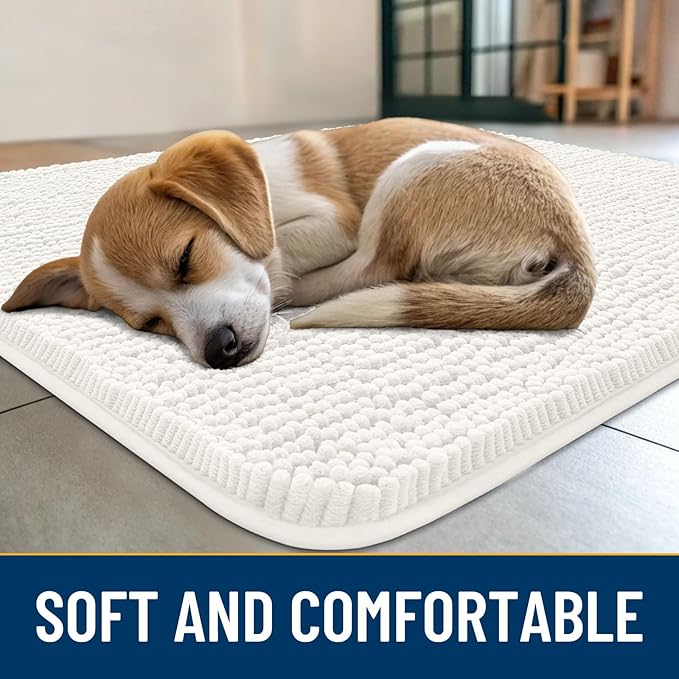 Smiry Dog Door Mat for Muddy Paws 70x24, Absorbs Moisture and Dirt Doormat, Non-Slip Washable Quick Dry Chenille Front Door Mat Indoor Entrance, Entryway Carpet for Inside Floor, Ivory