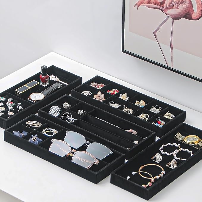 2Pcs Desk Drawer Storage Tray, Nightstand Organizer Tray, Necklace Bracelet Ring Earring Jewelry Display Tray, Grid Table Organizer Holder Tray for Sunglass, Phone, Watch, Perfume (6 grid)/Black