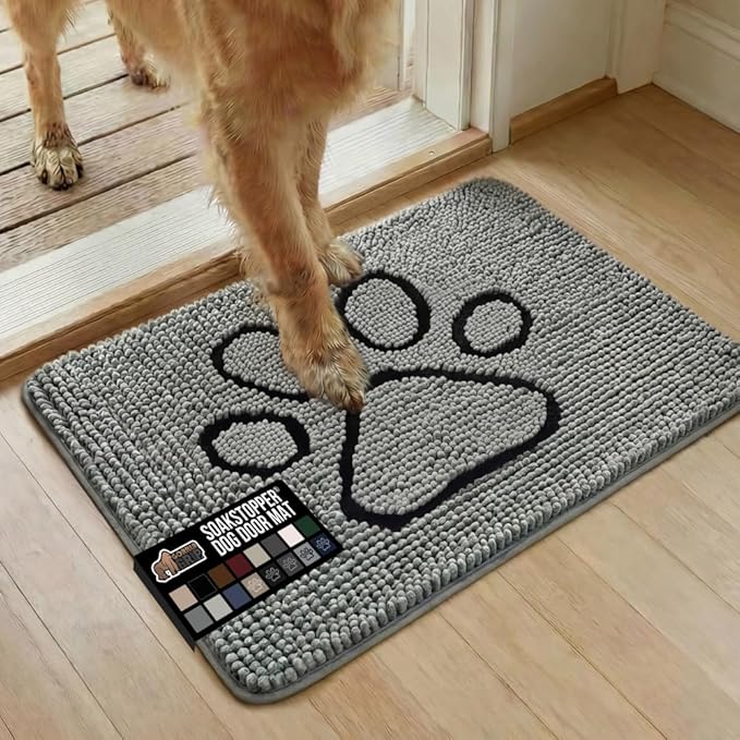 GORILLA GRIP SoakSTOPPER Dog Door Mat, 30x20 Machine Washable Rug Absorbent Doormat Captures Moisture Mud Dirt, Quick Dry Soft Chenille Entryway Rugs Indoor Entrance Mats for Dog Paws, Paw Grey
