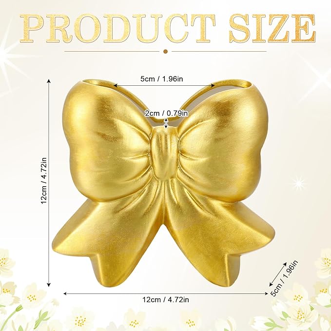 Bow Vase Coquette Ceramic Vase Pen Holder Makeup Brush Holder Contemporary Design Decorative Women Gift for Christmas Home Office Shelf Table Room(Gold,Small,Classic)