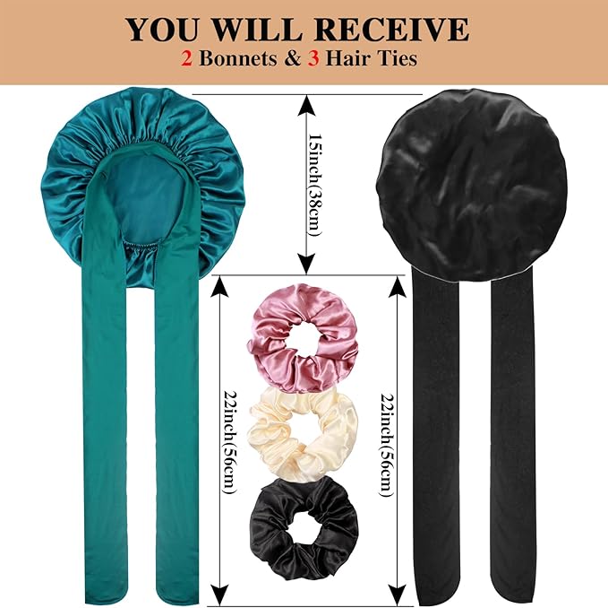 2+3 Large Satin Bonnets with Scrunchies for Women, Hair Bonnet Sleeping Tie Bonnet for Braids Curly Hair