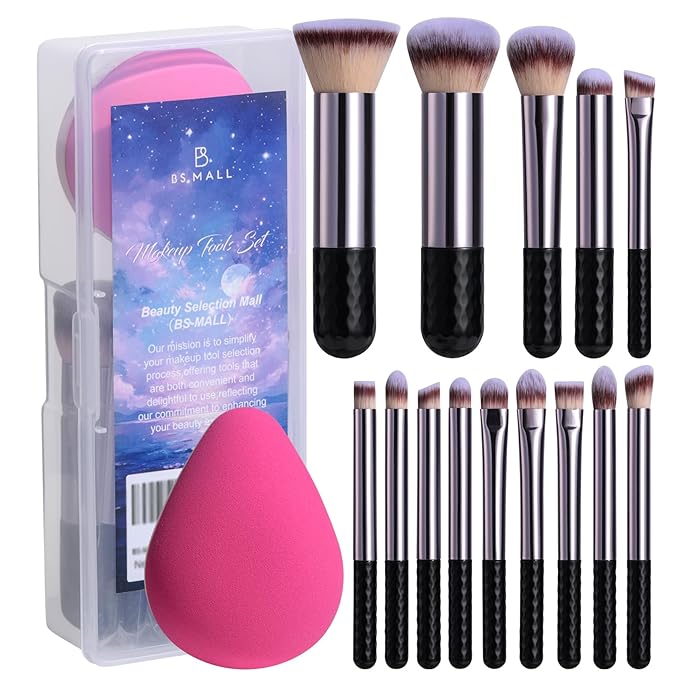 BS-MALL 14 Pcs Makeup Brushes Set With Dual-sided Makeup Blending Sponge - Foundation Brush & Makeup Sponge,premium Luxury Brush Collection For Face & Eye,for Flawless Application (Purple)