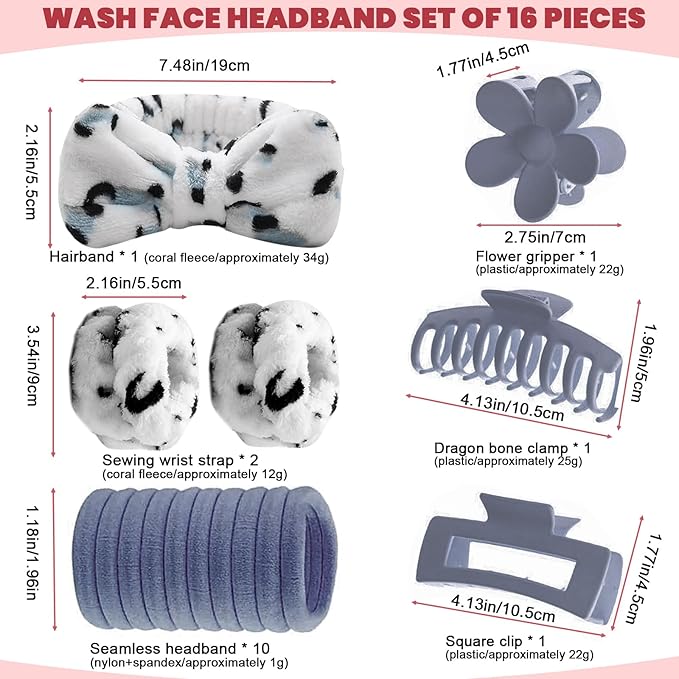 16 Pcs Skincare Headband Set, Face Washing Headband with Wristbands, Hair Claw Clips & Hair Ties, Spa Headbands for Women Girls, Perfect for Facial, Makeup, Shower, Gift Ready Box