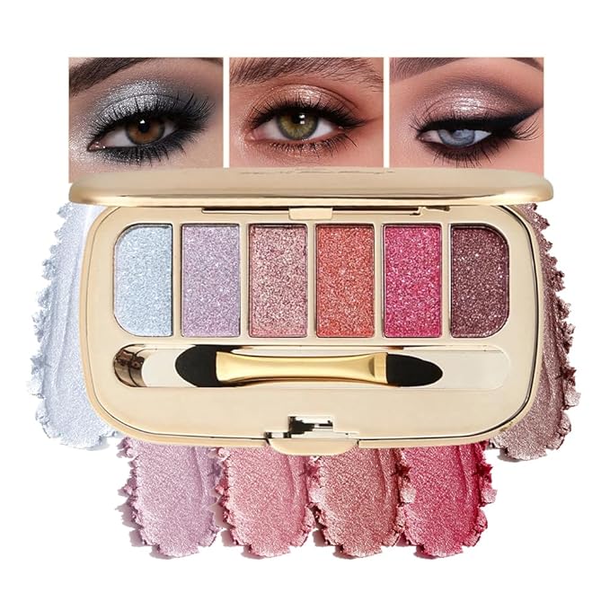 6-Color Glitter Eyeshadow Palette – High Pigment Shimmer Metallic Eye Shadow Kit, Long-Lasting Blendable Sparkle Shades for Daily Makeup, Party Glam, Festival & Creative Eye Looks 04#