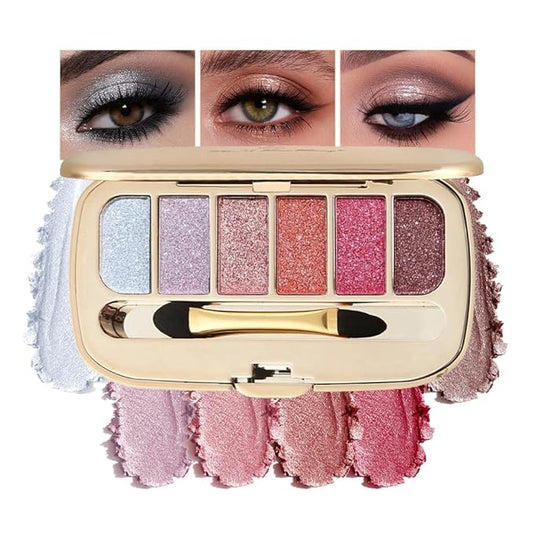 6-Color Glitter Eyeshadow Palette – High Pigment Shimmer Metallic Eye Shadow Kit, Long-Lasting Blendable Sparkle Shades for Daily Makeup, Party Glam, Festival & Creative Eye Looks 04#