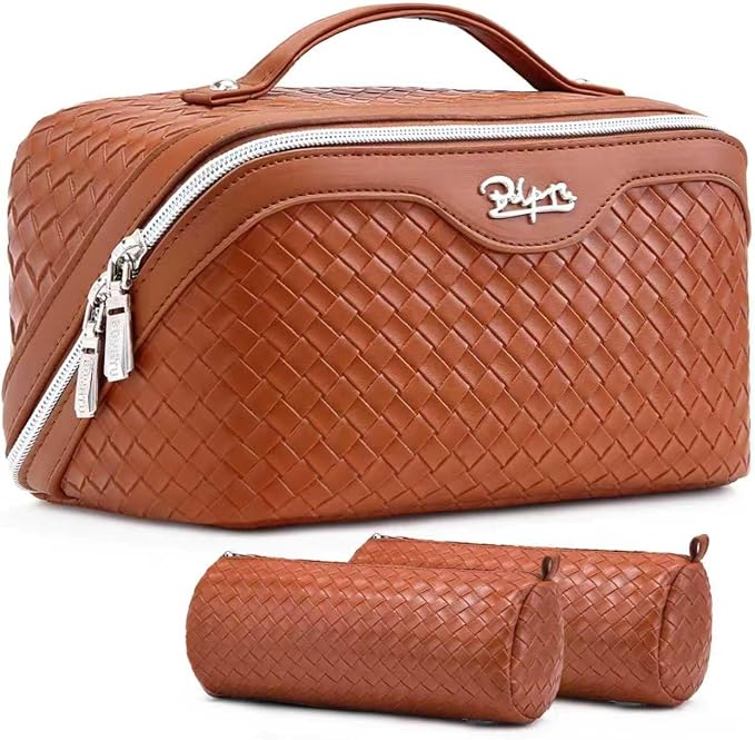 BOYATU Travel Makeup Bag Cosmetic Bags for Women: Large Capacity 3 Pcs Set Make up Bag with Compartments - Waterproof Vegan Leather Toiletry Organizer Bags with Handle (L08 Brown)