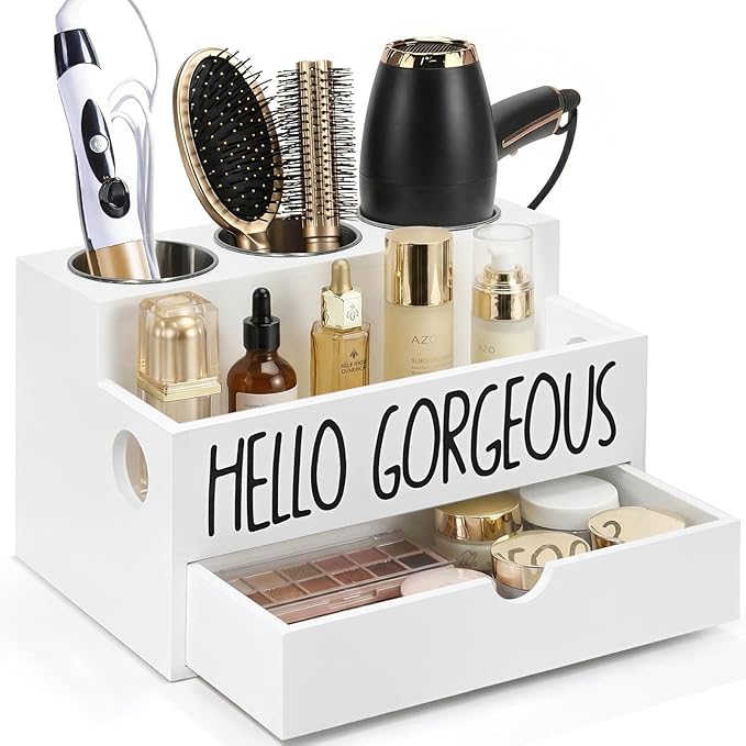 Hair Tool Organizer Drawer, Heat-Resistant Hot Tools Organizer with Removable Stainless Steel Cups for Hair Dryer, Curling Iron, Straightener, Bathroom Hair Accessories Storage (White)