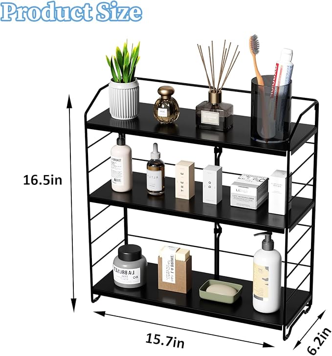 Bathroom Counter Organizer, Makeup Organizer Countertop, Countertop Storage Shelf for Bathroom Storage, Vanity, Large Skincare, Perfume, Black 3 Tier