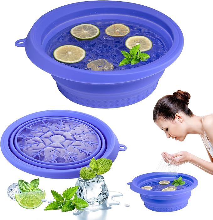 Ice Bowl for Face with Built-in Ice Tray, Foldable Silicone Face Bowl for Ice, Facial Ice Bath Bowl, Skin Tightening & Acne Relief, Portable Ice Face Bowl for Home Travel-Purple