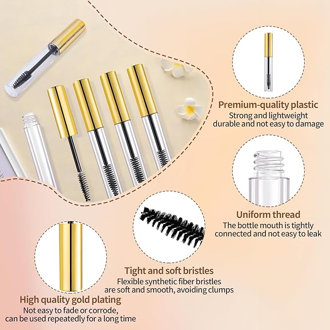 16 Pack Empty Mascara Tube 10ml Refillable Bottles with Brush Wand&Funnels,Leakproof Travel Containers for Lash & Brow Serum,Portable for Makeup Artists or Beginners(Gold)