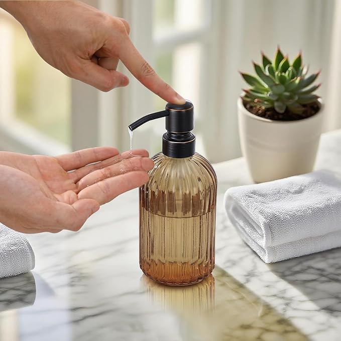 16 OZ Amber Glass Soap Dispenser, Amber Stripe Bathroom Hand Soap Dispensers with Stainless Steel Bronze Pump,Brown Glass Kitchen Hand Soap Dispenser with Oil Rubbed Bronze Pump,2 Packs