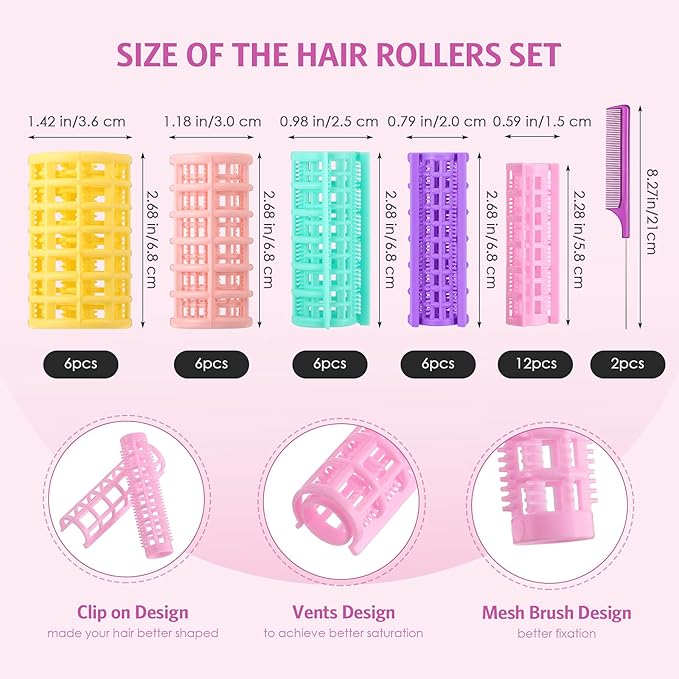 WILLBOND 36 Pieces Plastic Hair Roller 5 Sizes Curlers Self Grip No Heat Rollers with 2 Pieces Steel Pintail Combs for Short Long Hair Salon Barber Hairdressing Styling Tools(Bright Colors)