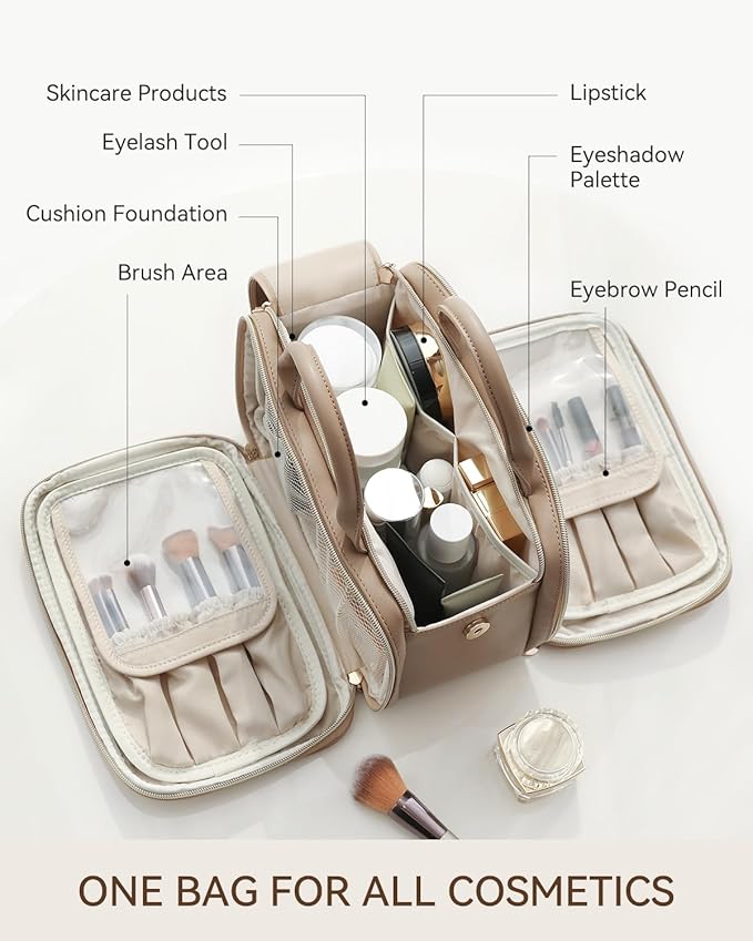 Prite Makeup Bag for Women, Large Capacity Waterproof Travel Cosmetic Organizer, Portable Open Flat Toiletry Bag with Free-standing Brush Holder and Handle(Cow Print Medium)