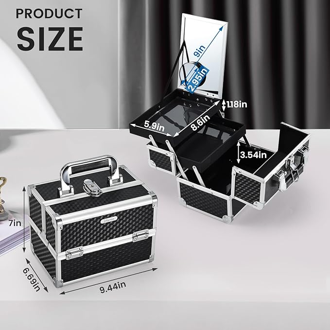 Joligrace Makeup Box Cosmetic Train Case Portable Makeup Organizer Case with Mirror 2 Tray Make up Storage Case for Nail Teach Craft Sewing Travel Vanity Modern Style Black