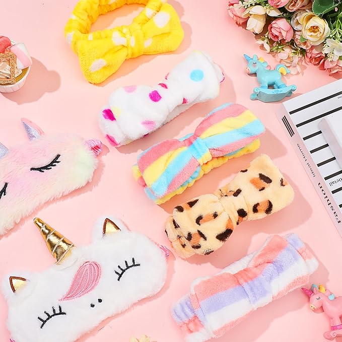 Hanaive 24 Pcs Sleepover Party Supplies Include 12 Unicorn Eye Mask and 12 Bowtie Hair Headband for Girls, Sleepover Party Favors for Women Sleeping Spa Makeup Supplies