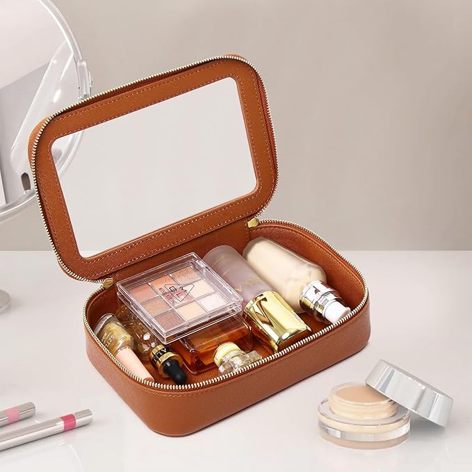Clear Makeup Bag Small Cosmetic & Toiletry Bag Waterproof Travel Case Women's Pouch Organizer Makeup Bag for Car with Zipper (Brown, Small-1)