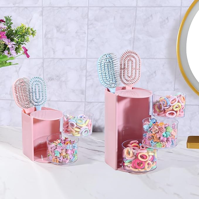 DASITON 3-Layer Makeup Brush Holder with Hair Accessories Organizer, Rotatable Desktop Organizer Case for Hair Clip, Makeup Sponge, Jewelry and Hair Accessories, Hair Brush Holder for Vanity (Pink)