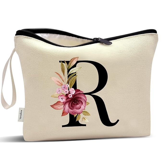Vavabox A-Z Personalized Makeup Bag, Birthday Gifts for Women Mom, Gifts for Best Friend, Bride Bridesmaid Cosmetic bag (R, Yellow)