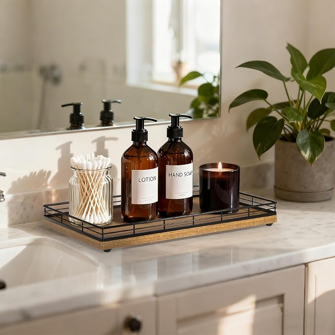 Large Bathroom Vanity Tray – 13" x 8" Acacia Decorative Wooden Tray for Bathroom Countertop & Vanity Organizer, Wood Tray for Perfume, Skincare Accessories Storage Vanity Dresser Decor Black & Acacia