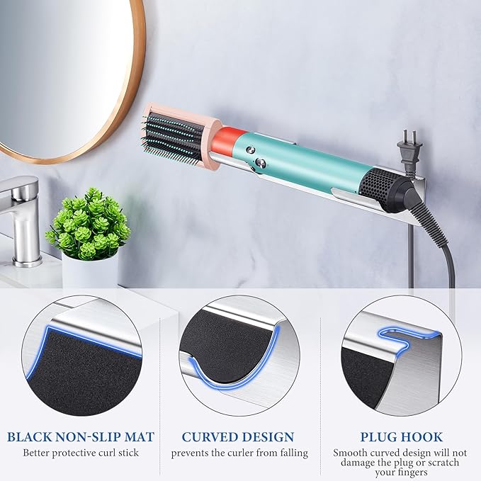 2 PCS Wall Mount Curling Iron Holder and Hair Tool Organizer with Adhesive, Multifunctional Hot Flat Iron and Hair Straightener Holder Storage Stand for Vanity, Cabinet and Wall, Silver