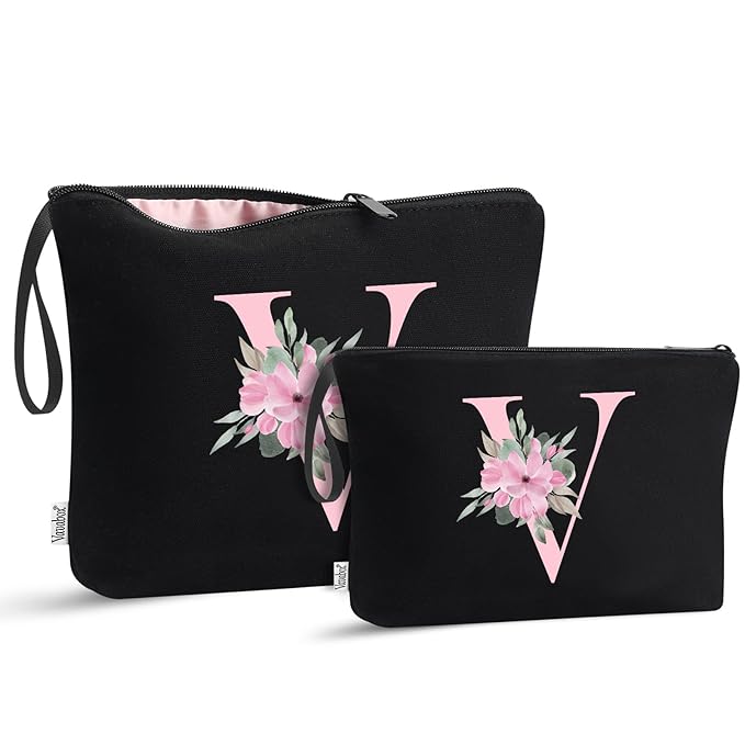 Vavabox A-Z Personalized Makeup Bag, Birthday Gifts for Women Mom, Gifts for Best Friend, Bride Bridesmaid Cosmetic bag (V, 04-Black Set)