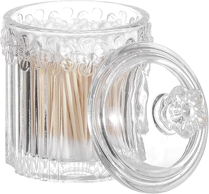 PENCK 2pcs Elegant Glass Qtip Holder Cute Apothecary Jars with Lid Stylish Hair Ties Candy Jar Bathroom Canister Essentials Accessories Decor Makeup Storage Organizer for Cotton Swabs, Balls (Clear)