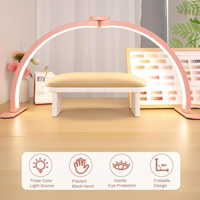 Foldable Large Half Moon LED Light for Table Nail Desk with Phone Stand, Upgrade Arch Light for Nail Techs with Wire Controller for Manicure Tattoo Beauty (Pink,Large)