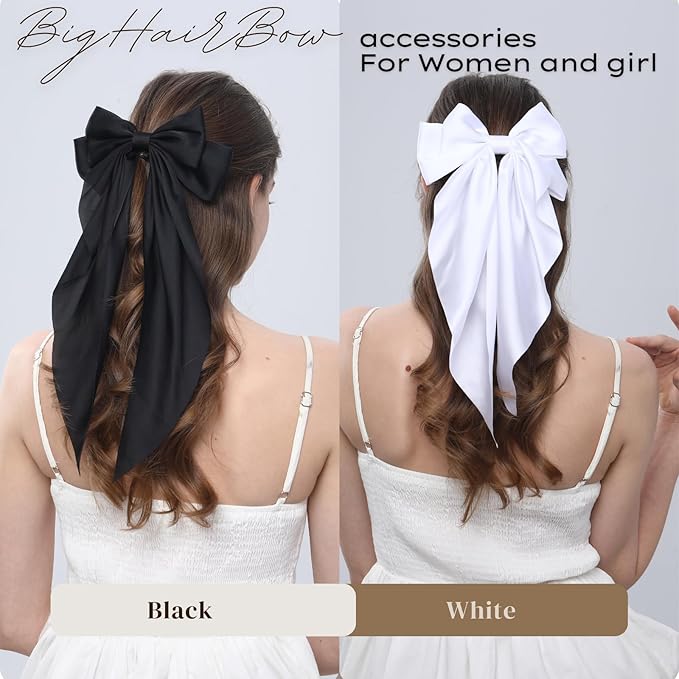 2PCS Big Hair Bow Clips for Women Girls – Black & White Ribbon Bow Barrettes with Long Tails, Large Satin Hair Accessories for Ponytail, Party, Wedding, Daily Styling