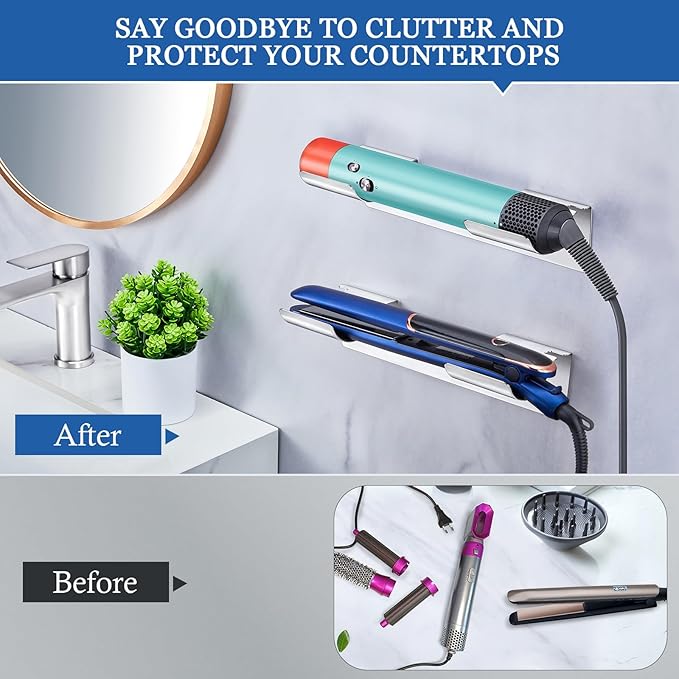 Wall Mount Curling Iron Holder and Hair Tool Organizer with Adhesive, Multifunctional Hot Flat Iron and Hair Straightener Holder Storage Stand for Vanity, Cabinet and Wall, Silver
