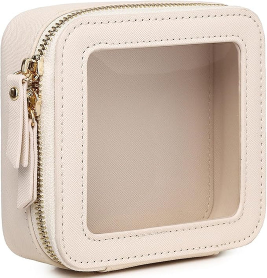 Pinkmik Small Makeup Bag Mini Clear Cosmetic Makeup Case & Toiletry Bag with Zipper Women's Purse Organizer & Car Essentials (Beige, MINI)