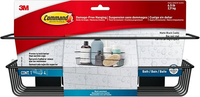 Command Shower Caddy Matte Black with Water Resistant Strips, Bathroom Organizer, Holds up to 6.5 lbs