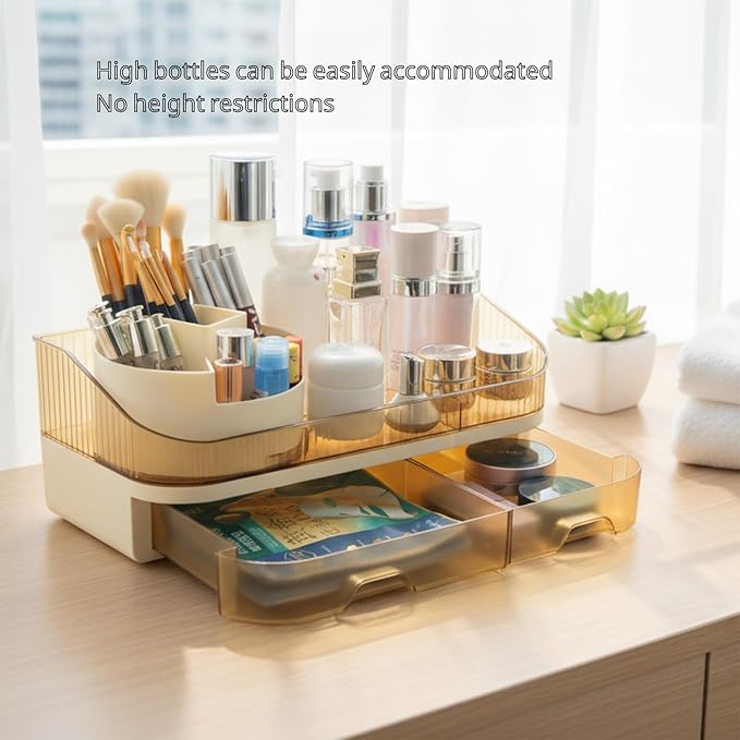Makeup Organizer with Dual Drawers - Large Capacity Countertop Cosmetic Storage for Skincare Vanity Bathroom