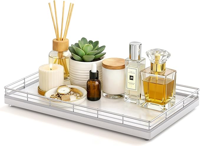Large Bathroom Vanity Tray – 13" x 8" Oak Decorative Wooden Tray for Bathroom Countertop & Vanity Organizer, Wood Tray for Perfume, Skincare & Accessories Storage, Vanity Dresser Decor Sliver & White