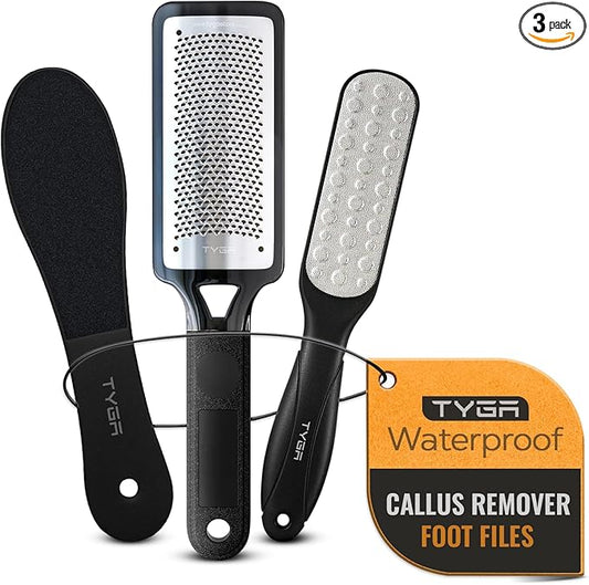 TYGA Foot Rasp Filer, Double Sided File & Scrubber Set - Callus Remover for Dead Skin Removal, Cracked Hard Skin, Coarse, Fine Scraper, Wet, Dry Spa Care, Surgical Stainless Steel, Nickel (3 Pack)