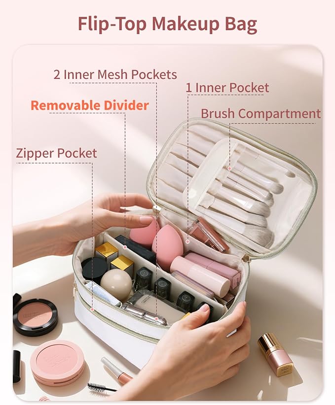 Wandering Nature Makeup Bag, Travel Make Up Bag with Divider, Makeup Case Organizer for Women in Fabric, White