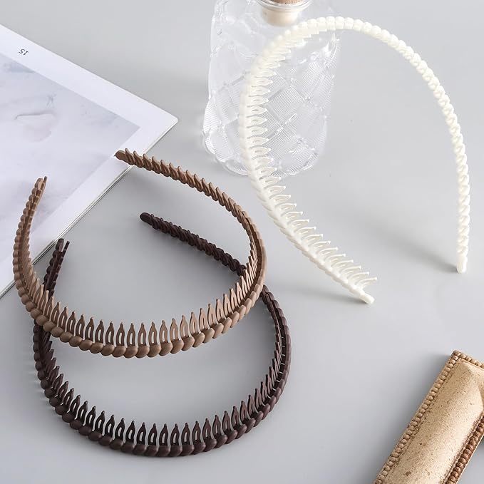 3 Pcs Headband with Teeth, Comfortable Headbands for Women with Teeth, Fashion Comb Headband, Plastic Head Bands for Women's Hair Non Slip (4.3''×0.7'', Coffee, White, Khaki)