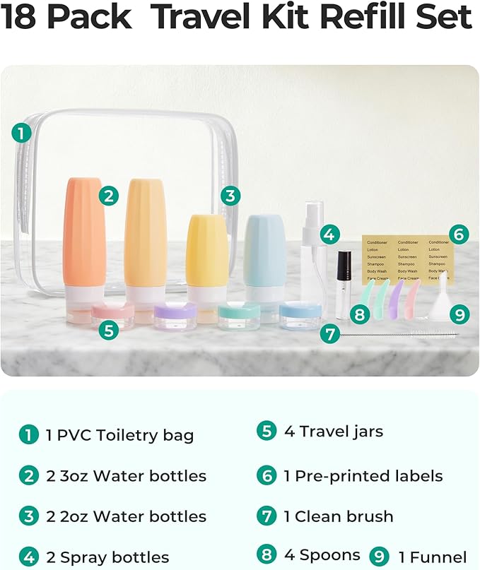 BAGSMART 18 Pack TSA Approved Travel Bottles for Toiletries, Leak Proof Silicone Travel Size Containers Bottles for Shampoo, Rose Pink