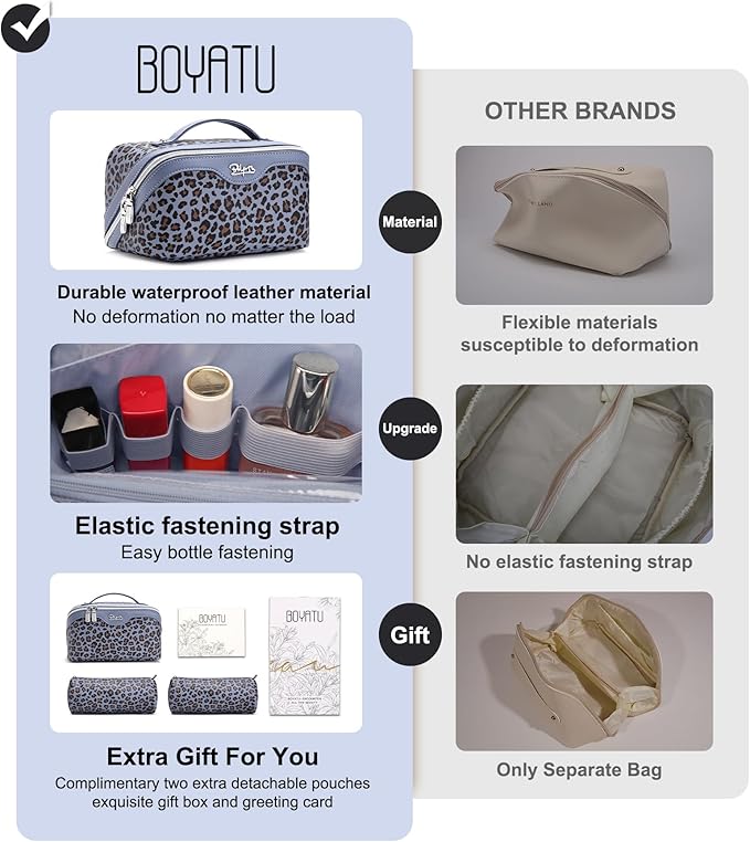 BOYATU Travel Makeup Bag for Women: 3 Pcs Set Portable Make up Bags with Handle - Leopard Print Cosmetic Bags with Comparments - Waterproof Vegan Leather Toiletry Bag (08-Light Blue)