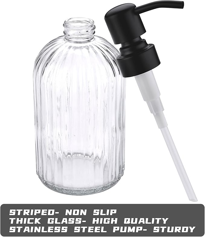 16Oz Bathroom Glass Soap Dispenser with Black Rust Proof Pump,Premium Kitchen Soap Dispenser with Vertical Stripe, Lotion Dish Dispenser for Modern Home Decor, Countertop, Hotel