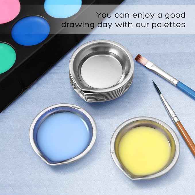 DOITOOL 12 PCS Stainless Steel Painting Color Palette, with Mouth 2 inch Painting Trays Makeup Palette Watercolors Small Round Mixing Palette Paint Tray, Pigment Mixing Cups for DIY Art Craft