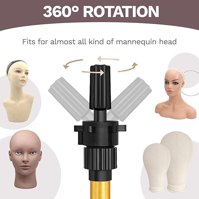 Wig Stand Tripod 50 Inch Metal Wig Mannequin Head Tripod Stand For Hairdressing Training Head Adjustable Wig Tripod Stand with Tool Tray (Golden, Mannequin Head Not Included)