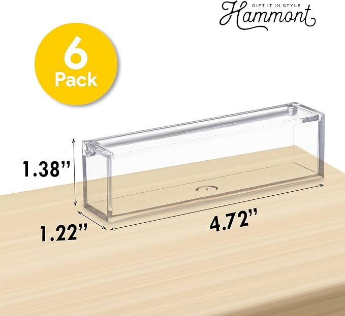 Hammont Clear Acrylic Box with Hinged Lid – Small Plastic Organizer for Office, Desk, Makeup, Crafts, Cotton Balls, Jewelry & More | 5"x1"x1.5" (6 Pack)