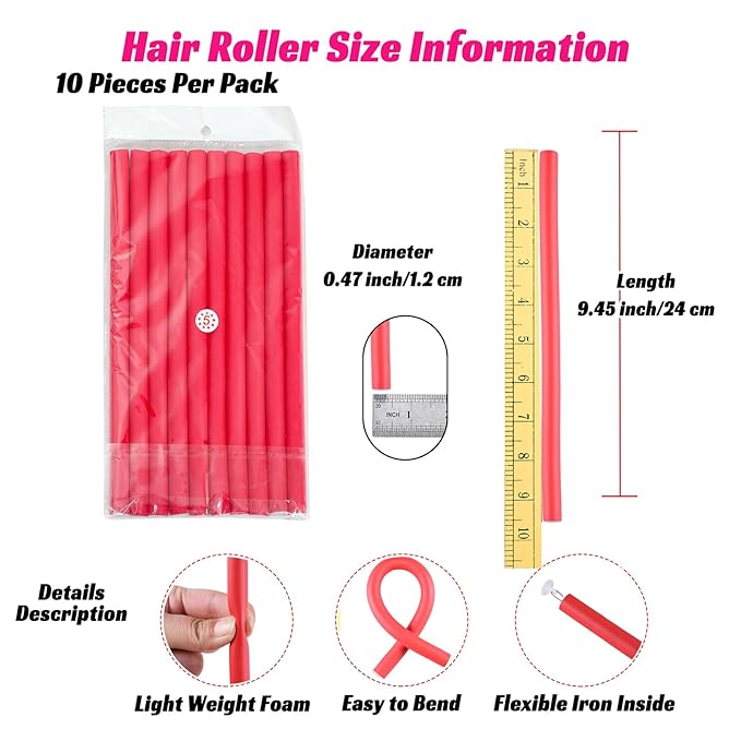 Royota 30PCS 9.45" Flexible Hair Rollers Flexi Hair Rods Foam Curlers Heatless Bendable Twist Flexirod for Short Medium and Long Hair (0.47 x 9.45 Inch, Random Color)