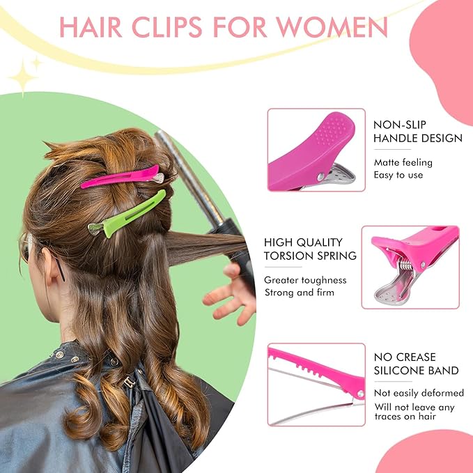 12PCS Hair Clips for Styling - Non Slip No Crease Duck Billed Hair Clips for Women with Silicone Band - Professional 4.3 Inch Large Salon Hair Cutting Clips for Hairdresser - Multicolored