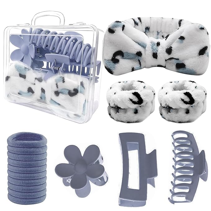16 Pcs Skincare Headband Set, Face Washing Headband with Wristbands, Hair Claw Clips & Hair Ties, Spa Headbands for Women Girls, Perfect for Facial, Makeup, Shower, Gift Ready Box