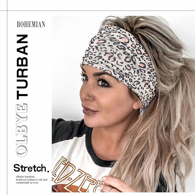 Olbye Boho Wide Turban Elastic Nonslip Headbands for Women Girls - Workout, Yoga, Running, Sweatband, African Bohemian Hair Wraps & Fashion Accessories (H- Leopard)