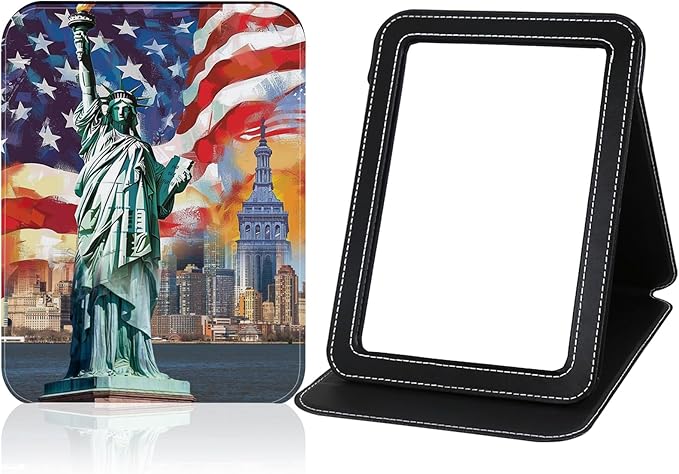 Travel Folding Portable Mirror, Makeup Mirror PU Portable Adjustable Rectangular Ultrathin Vanity Mirror with Stand, for Travel, Camping, Home, Gifts (Statue of Liberty Design)