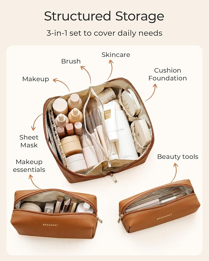 BAGSMART Makeup Bag Travel 3 Pcs Set Cosmetic Bag, Large Make Up Bag Flat Open Toiletry Bag for Women, PU Leather Travel Essentials Organizer Case, Wide-open Pouch for Skincare, Brushes, Cream Beige